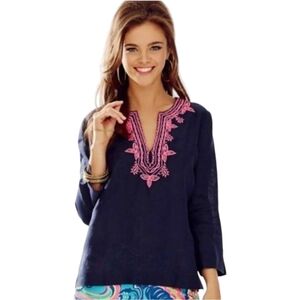 Lilly‎ Pulitzer Amelia Island Tunic Top Blouse XXS Navy Linen Embroidered V-Neck